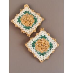 Vintage Hand Crochet Pot Holders Doilies Yellow Rose Cottagecore 5”